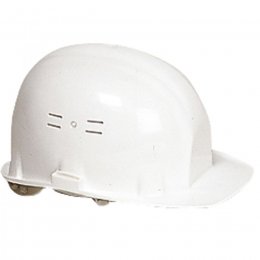 Casque de chantier, Coiffe en polyéthylène, Réglable (de 2 en 2 mm), Bande anti-transpiration 37 cm. Aération latérale. Densité moyenne : 950 kg/m3. Poids : 370g