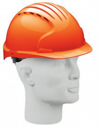 Casque protecteur JSP en mati&egrave;re synth&eacute;tique ABS, couleur orange, coiffe avec molette. Poids env. 368 g.